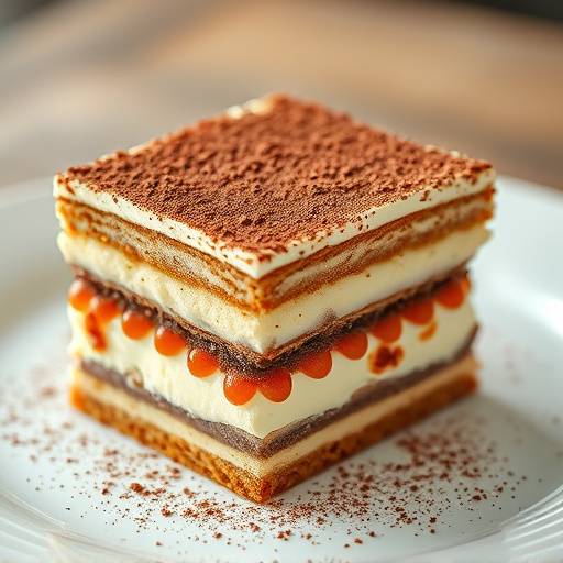 A decadent slice of Tiramisu, featuring layers of coffee-soaked ladyfingers and creamy mascarpone, dusted with cocoa powder
