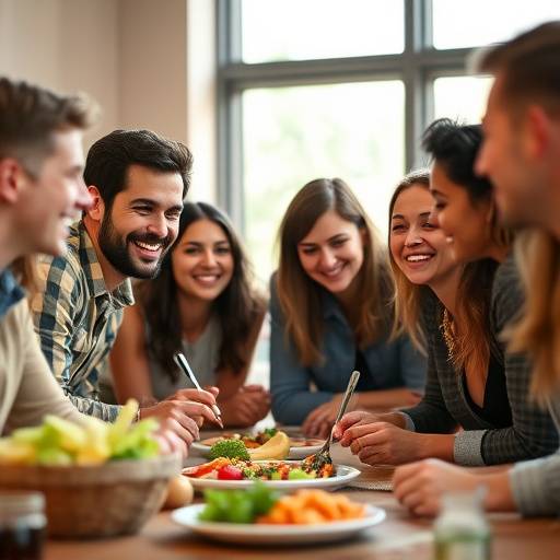 A diverse team of people smiling and collaborating around a table filled with food suggestions