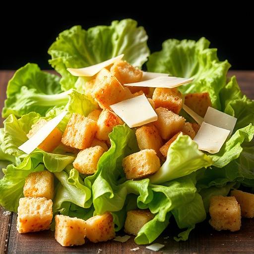 A fresh and vibrant Caesar salad with crisp romaine lettuce, croutons, and shaved Parmesan cheese