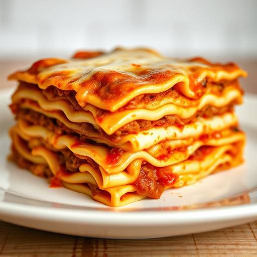 A hearty portion of Lasagna Bolognese, with layers of pasta, rich meat sauce, bchamel, and melted cheese