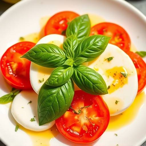 A plate of Caprese salad with fresh mozzarella, ripe tomatoes, and basil leaves, drizzled with olive oil