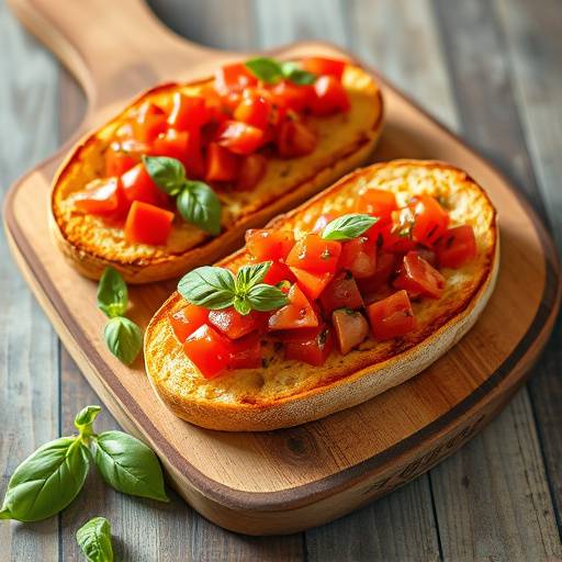 A rustic wooden board with crispy bruschetta topped with diced tomatoes, basil, and garlic