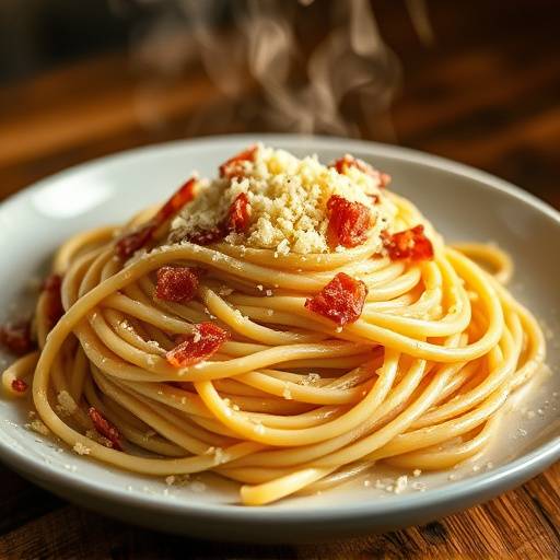 A steaming bowl of Spaghetti Carbonara, featuring perfectly cooked pasta coated in a creamy egg and pancetta sauce, topped with grated Pecorino Romano