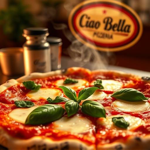 A steaming plate of margherita pizza with fresh basil at Ciao Bella Pizzeria