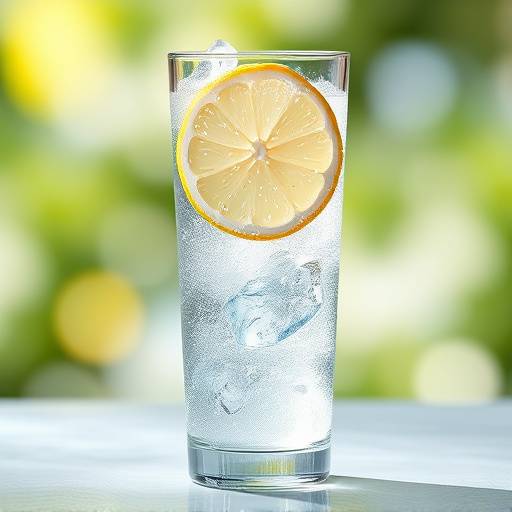 A tall glass of sparkling water with ice and a lemon slice