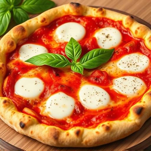 A vibrant Margherita pizza with a blistered crust, topped with melted mozzarella, fresh tomato sauce, and bright green basil leaves
