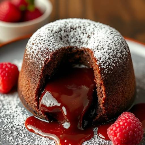 A warm chocolate lava cake with a gooey molten center, dusted with powdered sugar and served with a raspberry coulis