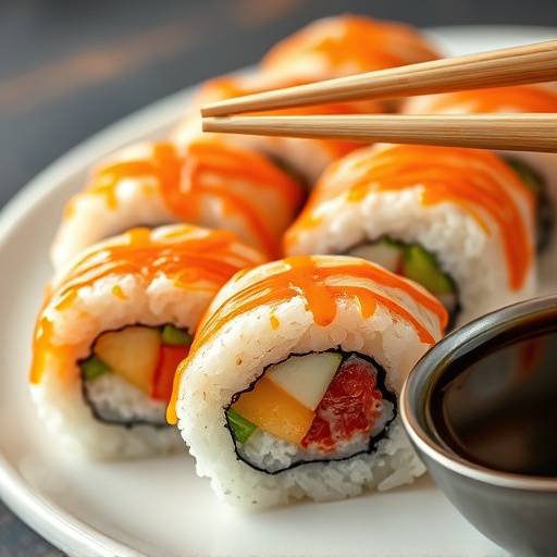 Assortment of fresh sushi rolls with soy sauce and chopsticks at Sakura Sushi