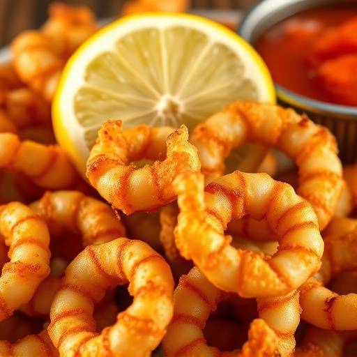 Golden brown fried calamari rings served with a lemon wedge and marinara dipping sauce