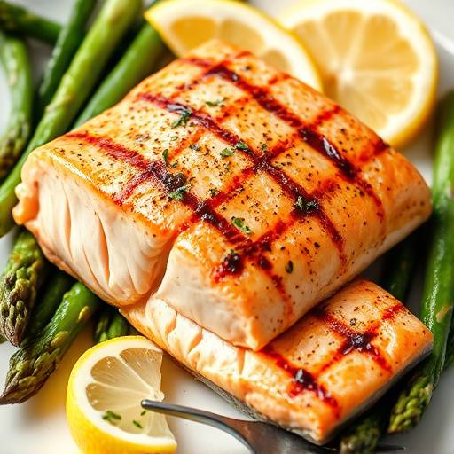 Grilled Salmon fillet served with roasted asparagus and lemon wedges