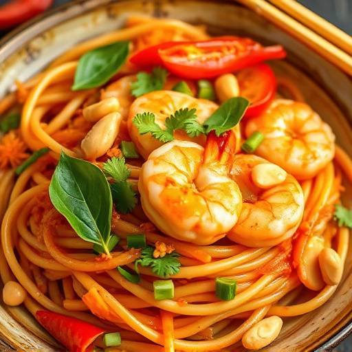 Vibrant Pad Thai noodles with shrimp and peanuts at Siam Spice Thai